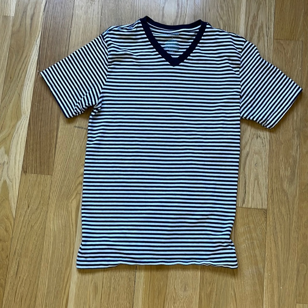 blue and white stripped v neck